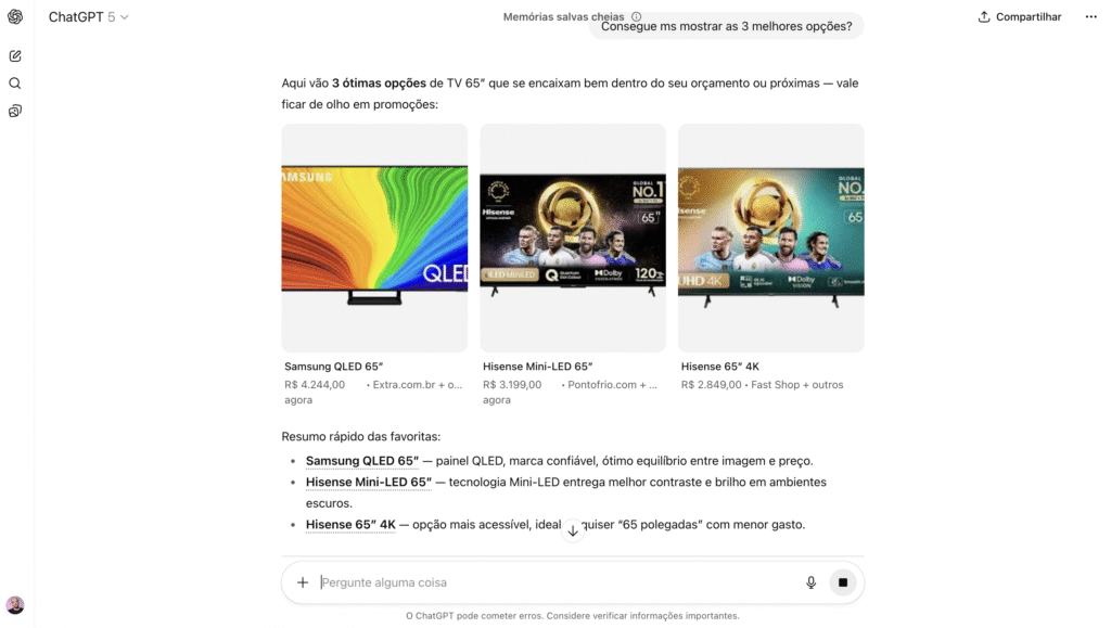 Exemplos de anúncios no ChatGPT